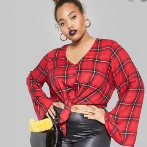 Plaid Bell Sleeve Tie-Front Woven Top -79-122